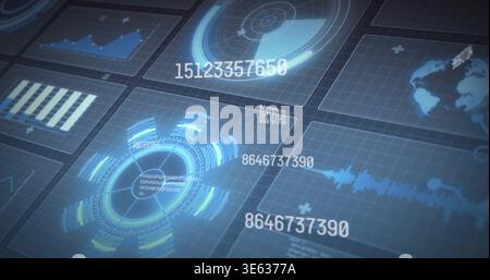 Rotating glowing concentric HUD element pulsing radial bars on VR dashboard, with radar disk, trace Stock Photo