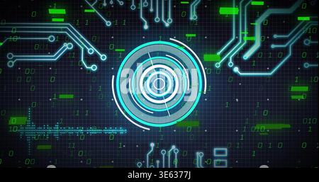 Displaying central concentric HUD pulsing on virtual grid, showing neon circuit traces and binary Stock Photo