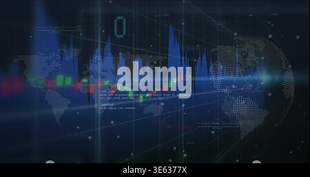 Displaying dotted world map hovering in 3D dashboard, with candlesticks, blue peak chart Stock Photo