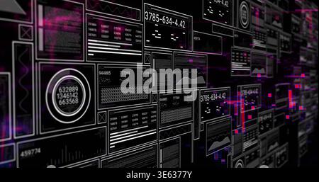 Displaying dense data panels and widgets on dark dashboard, showing circular gauge, magenta pixels Stock Photo
