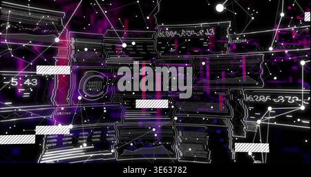 Floating cluster of layered digital panels forming network in cyber space, showing digits and nodes Stock Photo