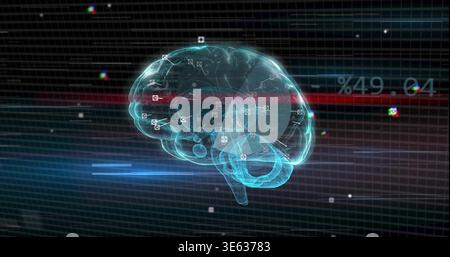 Floating 3D brain hologram wireframe showing neural nodes and connection lines over dark grid, HUD Stock Photo