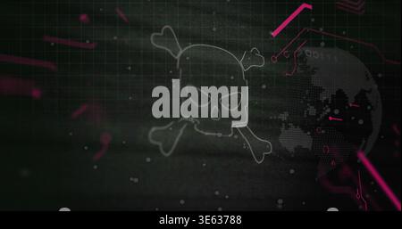 Displaying skull and crossbones outline centered on digital interface, with magenta circuit globe Stock Photo