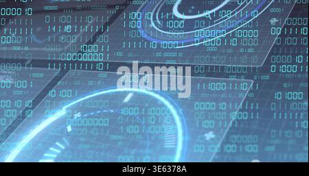 Displaying central glowing gauge pulsing across virtual HUD, with binary digits and wireframe grid Stock Photo