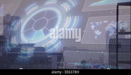 Displaying translucent holographic HUD over urban skyline, showing radial diagram and data panels Stock Photo