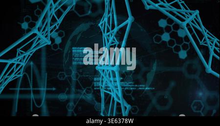 Displaying cyan tubular lattice occupying center in virtual dark UI, with hex motifs, code, nodes Stock Photo