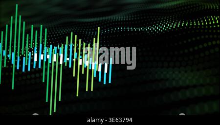 Displaying green, cyan and white vertical bars pulsing over dotted grid waves in virtual 3D space Stock Photo