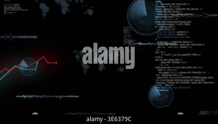 Displaying HUD-style digital interface animating on dark display, with radar dials, code columns Stock Photo