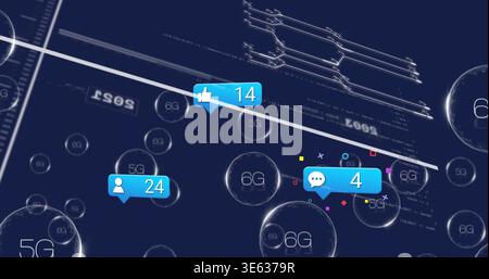 Floating thumbs-up 14, user 24, chat 4 hovering over translucent 5G 6G nodes on navy UI Stock Photo