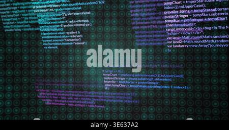 Floating code blocks moving across screen, showing visible keywords and teal concentric circles Stock Photo