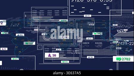 Displaying global network dashboard on dark navy map, showing translucent panels, counters, nodes Stock Photo