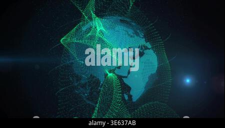 Rotating digital Earth globe sending flowing green ribbons in dark void, lens flare and blue light Stock Photo
