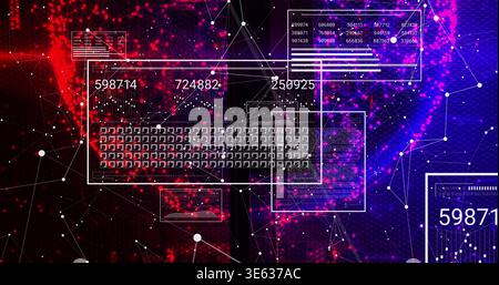 Displaying wireframe keyboard panel dominating cyberspace center with HUD panels and numeric labels Stock Photo