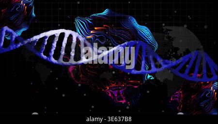Glowing DNA double helix running horizontally in dark virtual space, with neon ribbons, grid, map Stock Photo