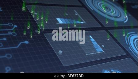 Displaying holographic panels floating over dark blue grid plane, streaming green binary digits Stock Photo