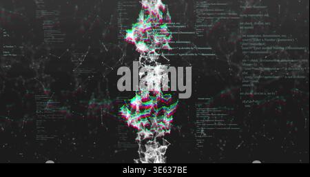 Pulsing central node column emitting RGB chromatic-fringe in cybernetic space, with floating code Stock Photo