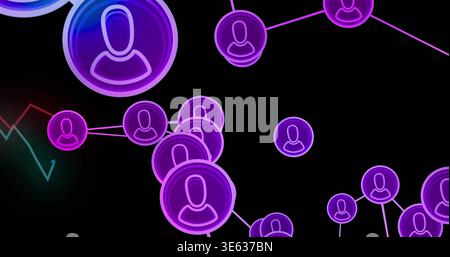 Displaying cluster of glowing avatar nodes on virtual dashboard, showing neon links and sparkline Stock Photo