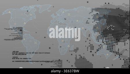 Displaying global map dashboard with cyan gridlines, caution icons, node links, terminal code Stock Photo