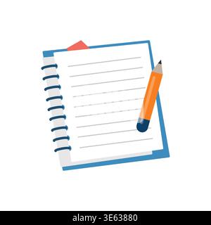 Spiral notebook with orange pencil and paper bookmark vector illustration flat Stock Vector