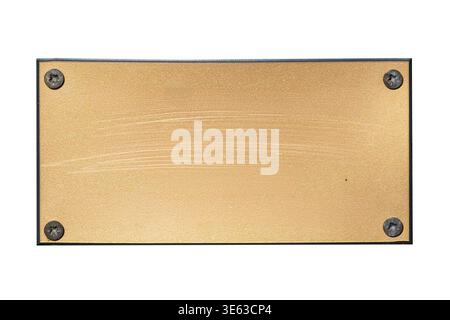 Brass plaque background with a brush metal texture and screws cut out and isolated on a white background, metal sign and signage stock photo image Stock Photo