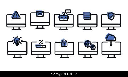 Modern computer and cloud services icon set: 10 desktop PC vectors with security, AI, email, and data icons, fintech blue offset fill and black line s Stock Vector