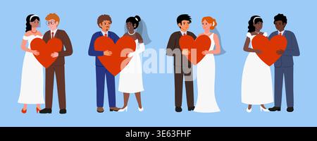 Newlywed couples of different nationalities. Flat style vector set for wedding invitations, multicultural marriage content. Stock Vector