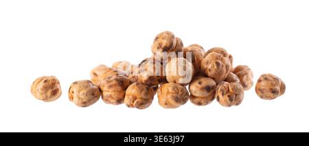 Roasted chickpea isolated on white background. Handful of crunchy roasted chickpeas snack. Clipping path. Stock Photo
