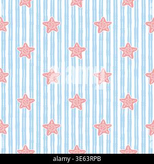 Hand drawn seamless pastel marine pattern with starfish, playful ocean themed boho background with soft blue stripes and pastel pink starfish Stock Vector