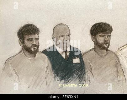 Court artist sketch by Elizabeth Cook of Hamza Iqbal (left), 20, Rehan Khan (right), 19, alongside a dock officer, appearing at Westminster Magistrates' Court, London, after four Jewish community ambulances were targeted in an alleged arson attack in north-west London. Four ambulances from Hatzola, a volunteer-led ambulance service operating in the Golders Green area of north-west London, were set on fire in the early hours of March 23, causing gas canisters stored in the vehicles to explode. The trio are charged with arson being reckless as to whether life would be endangered. Picture date: S Stock Photo