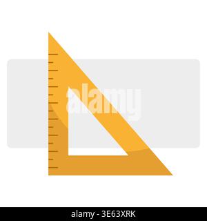 Drafting triangle ruler tool. Precision Vector instrument. Yellow plastic scale. Light gray flat rectangle background item. Stock Vector