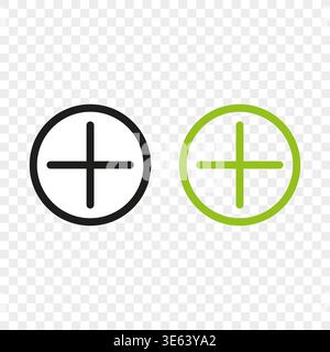 Positive sign set. Plus symbol circle. Vector button icons. Add element marks. Green color interface label sets. Stock Vector