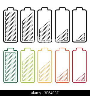 Outline battery set. Diagonal charge level. Power status Vector. Energy progress collection. Manual vector only. No autotrace used Stock Vector