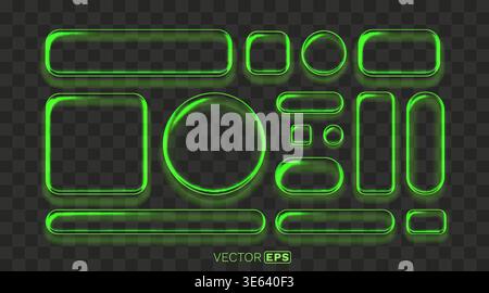 Glowing green neon frames and buttons collection, ideal for modern web design, futuristic UI, and app interface elements. Vector illustration. Stock Vector