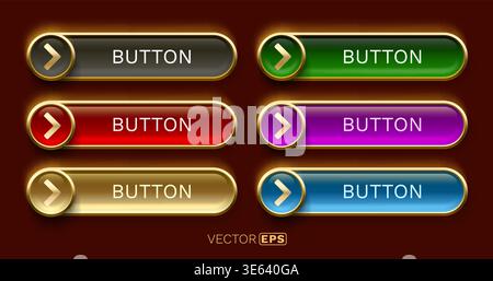 Set of glossy web buttons with golden frames in various colors for UI design and navigation. Vector illustration Stock Vector