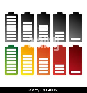 Battery charge set. Power level icons. Energy Vector collection. Ten stage progress. Manual vector only. No autotrace used. Stock Vector