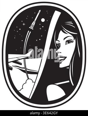 A passenger watches a space rocket launch from a airplane window – vector illustration Stock Vector