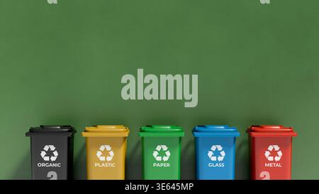 Colored recycling bins for waste sorting with copy space. Waste management and environmental protection concept with plastic paper glass metal and org Stock Photo