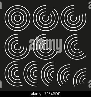 Circular arc set. Concentric line Vector. White curve detail. Black background focus. Manual vector only. No autotrace used. EPS 10. Stock Vector