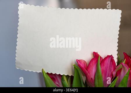 Blank greeting card placed behind red tulips. Soft floral background with copy space, perfect for romantic messages, holidays, invitations and seasona Stock Photo
