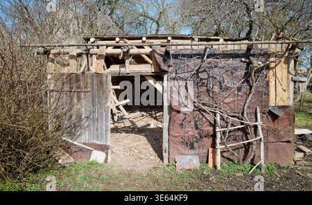 Demolition of an old wooden shed in the garden. Stock Photo