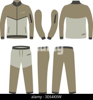 Tracksuit design featuring a jacket and pants in a beige and light gray color scheme. The jacket includes front and back views, with a collar, zipper, Stock Vector
