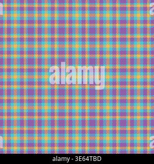 Vibrant digital plaid pattern with a retro pixel art style. This colorful geometric grid in purple, cyan, and yellow offers a modern textile look for Stock Vector