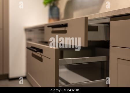 Open kitchen drawer with storage system in modern cabinets. Functional kitchen furniture detail. Stock Photo
