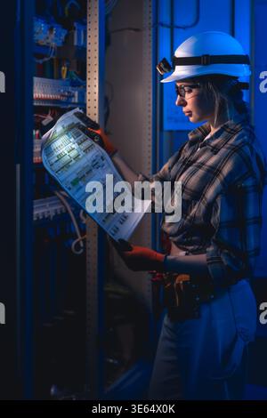 Electrical engineer analyzing power system diagram near switchboard. Technical control. Stock Photo