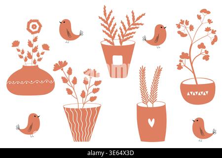 set of vector illustrations with indoor plants and flowers in a minimalist flat style. Stock Vector
