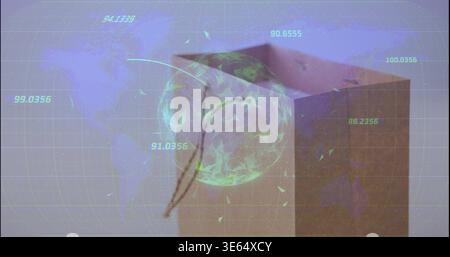 Projecting green holographic globe hovering over wooden box at studio, with twig and teal readouts Stock Photo
