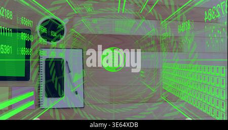 Projecting central circular holographic HUD above wood desk, overlaying tablet and notebook Stock Photo