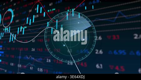 Displaying circular HUD overlay projecting market data on dark trading dashboard, candlesticks Stock Photo