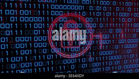 Glowing red padlock hovering over digital screen, with blue binary digits, grid halo, transparent Stock Photo