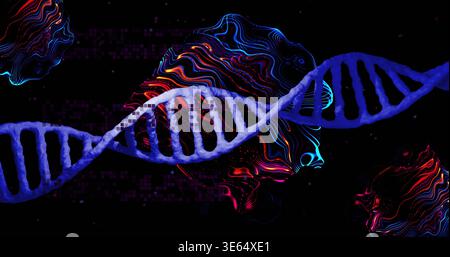 Stretching blue DNA helix spanning diagonal digital void, displaying neon profiles and pixel data Stock Photo